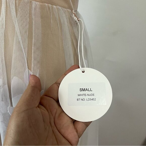 Luxxel, Women’s Long V-Neck Illusion Open Back Dress - White/Nude. Size: S. NWT - Picture 9 of 16